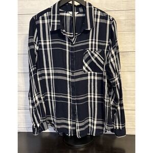 Lucky Brand Women's Navy Plaid Button Up Shirt Size L Lightweight VGC